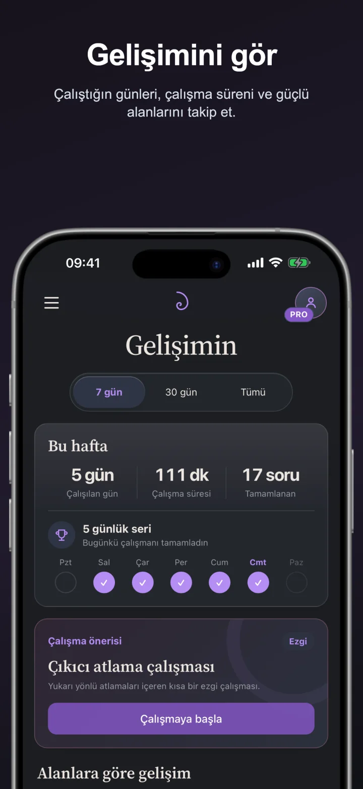 Gelişim paneli: 5 günlük seri, haftalık çalışma özeti ve
                    "Çıkıcı atlama çalışması" önerisi.