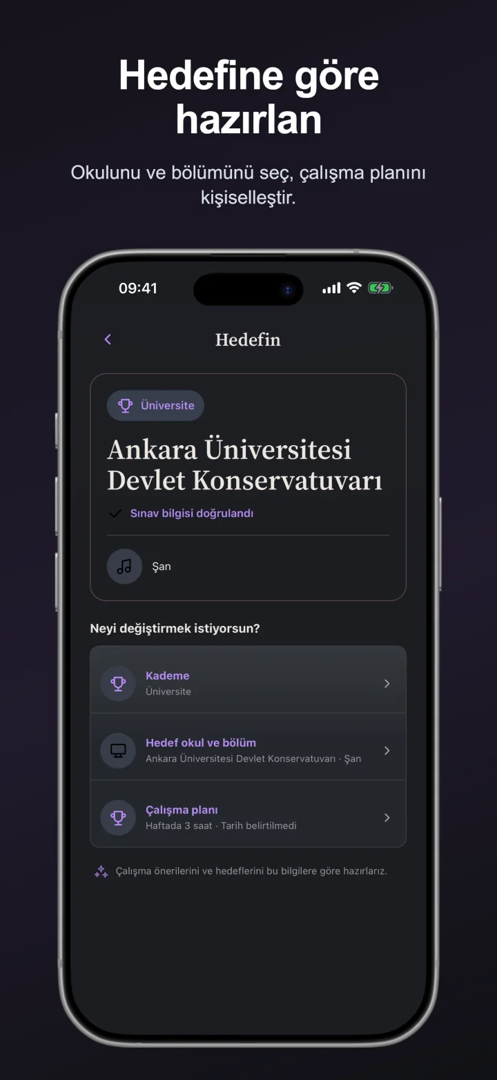 Hedefin ekranı: hedef okul ve bölüm seçimi ile haftalık çalışma planı.